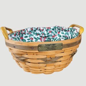 Longaberger Christmas Collection Popcorn Basket 1999 Holly Liner Leather Handles